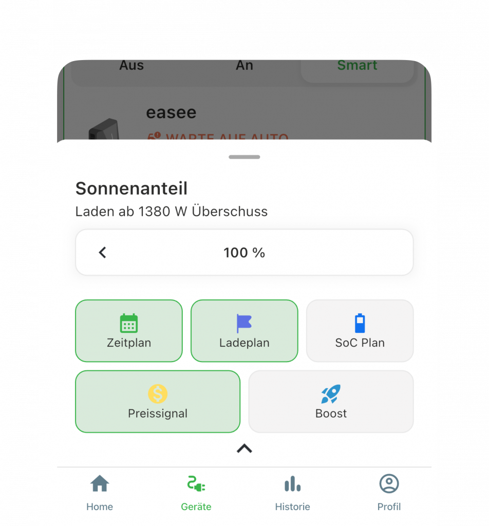 App Ansicht Stromintelligenz zeigt Ladeeinstellungen für Sonnenanteil ab 1380 Watt Überschuss mit Optionen Zeitplan, Ladeplan, SoC Plan, Preissignal und Boost