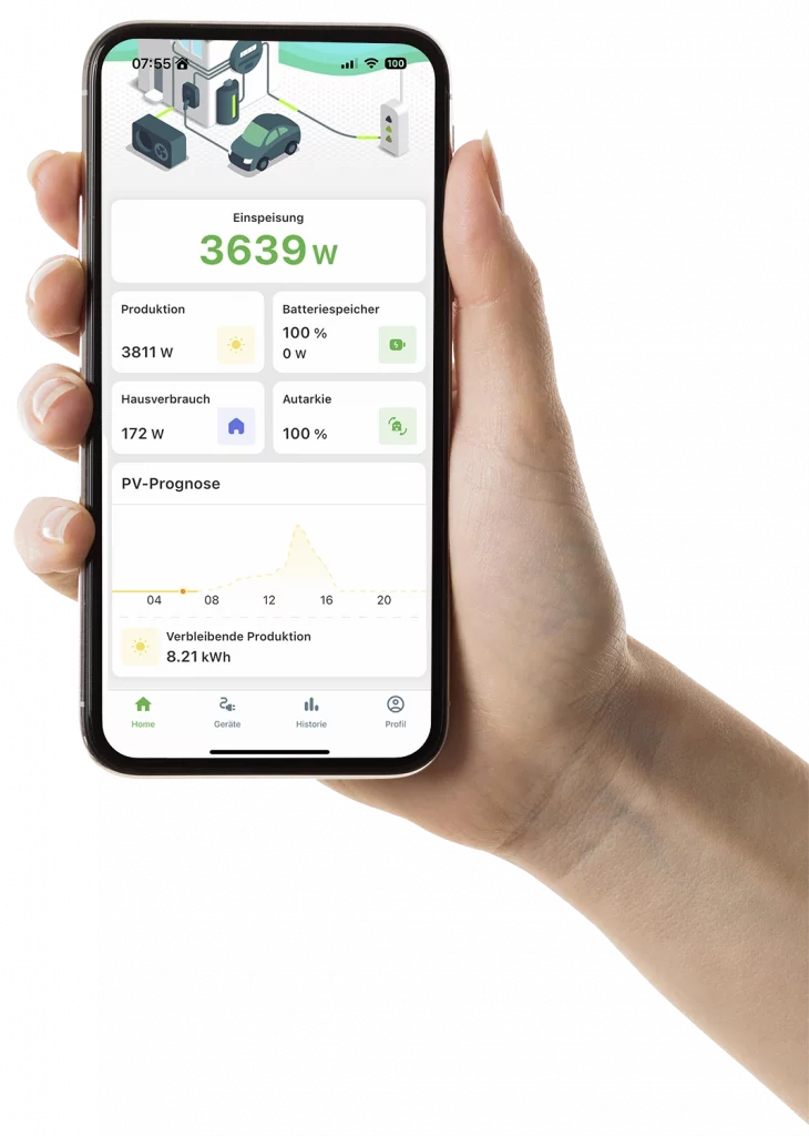 Übersicht Stromintelligenz App mit Einspeisung 3639 Watt, Produktion 3811 Watt, Batteriespeicher 100 Prozent, Autarkie 100 Prozent und PV Prognose für verbleibende Produktion